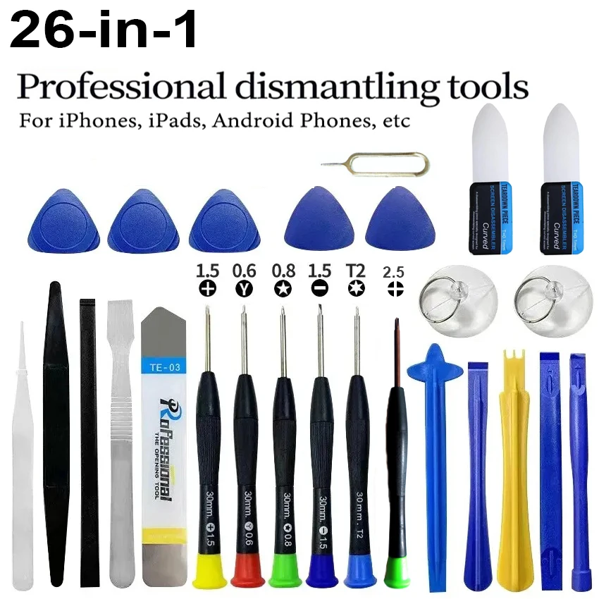26 in 1 Phone Repair Tool Set Professional Screwdriver Kit with Pry Bar Suction Cup for iPhone Samsung Xiaomi All Smartphones