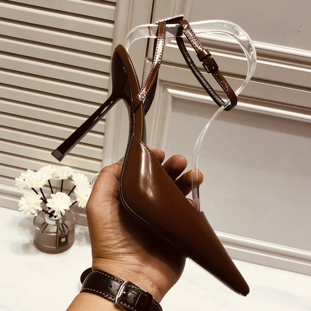 

Crystal Ankle Strap Women Sandals Slingback Patent Leather Fashion Sexy Pumps Thin Heel Pointed Rhinestone Back Strap Bling Shoe