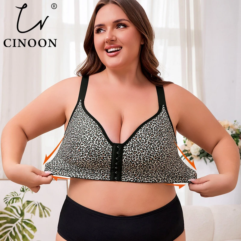 

CINOON Plus Size Women's Leopard Print Bra Adjustable Straps Highly Elastic Lingerie Backless Bralette Sexy V-Neck Brassiere