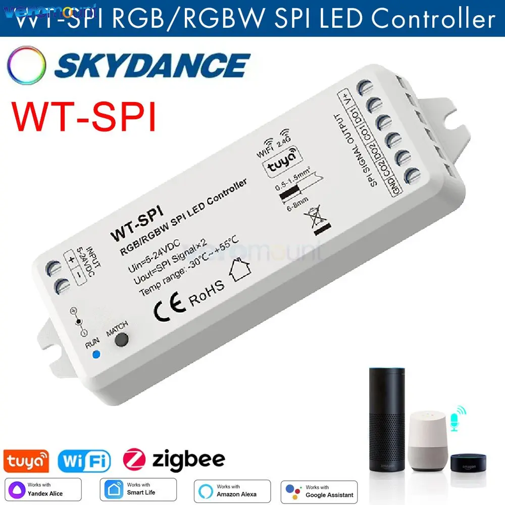 Skydance Music WiFi 2.4G RF RGB/RGBW Pixel IC SPI LED Controller WT-SPI R9 Remote WS2812 WS2815 Sk6812 LED Strip Module 5V-24V