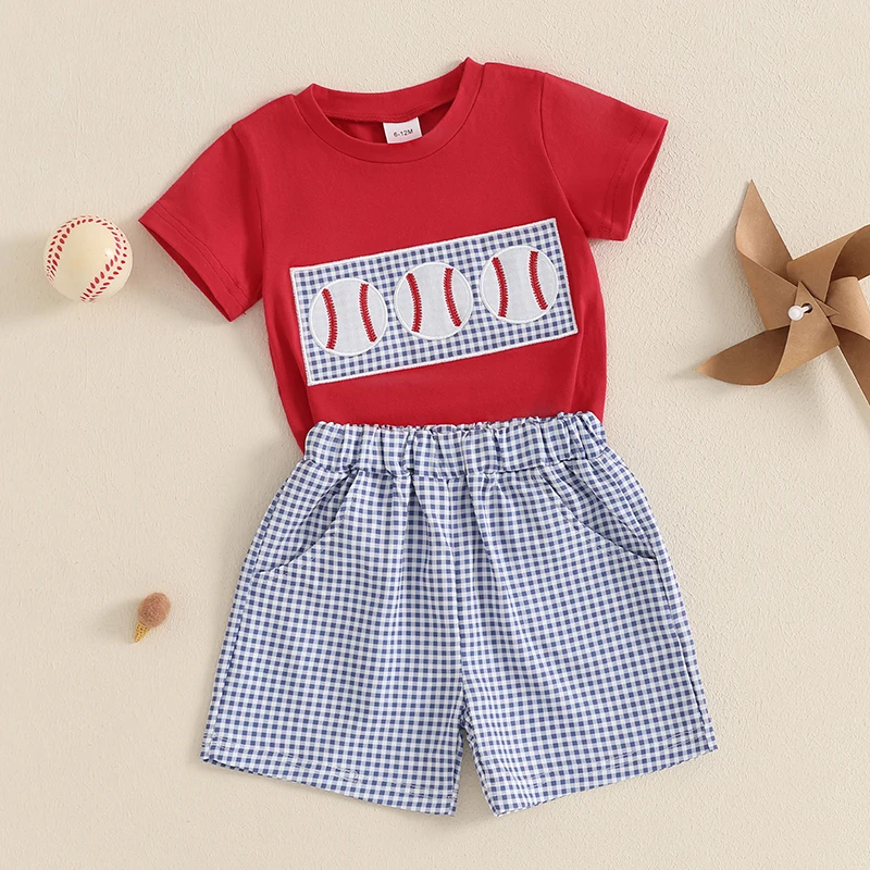 T-shirt ricamata a maniche corte da bambino in 2 pezzi con pantaloncini scozzesi per il giorno del gioco di baseball estivo