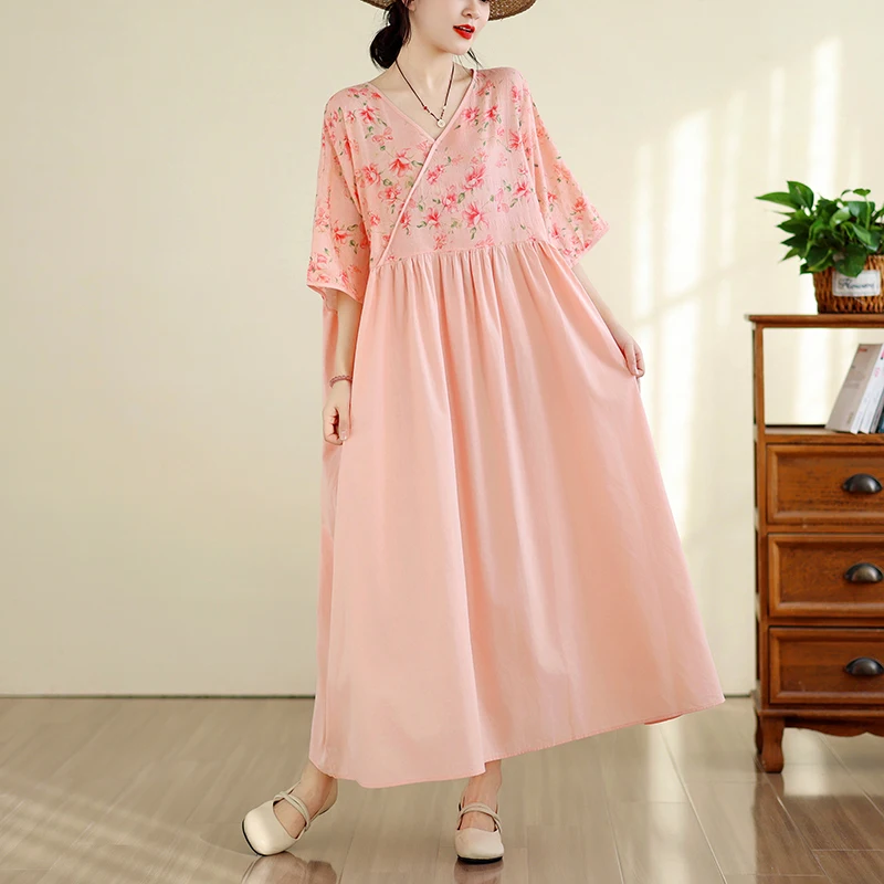 

Hebe Style Cotton Linen Midi Dress V-Neck Summer New Vintage Splicing Women's Loose Fit Dress Artistic Commute Loose Waist
