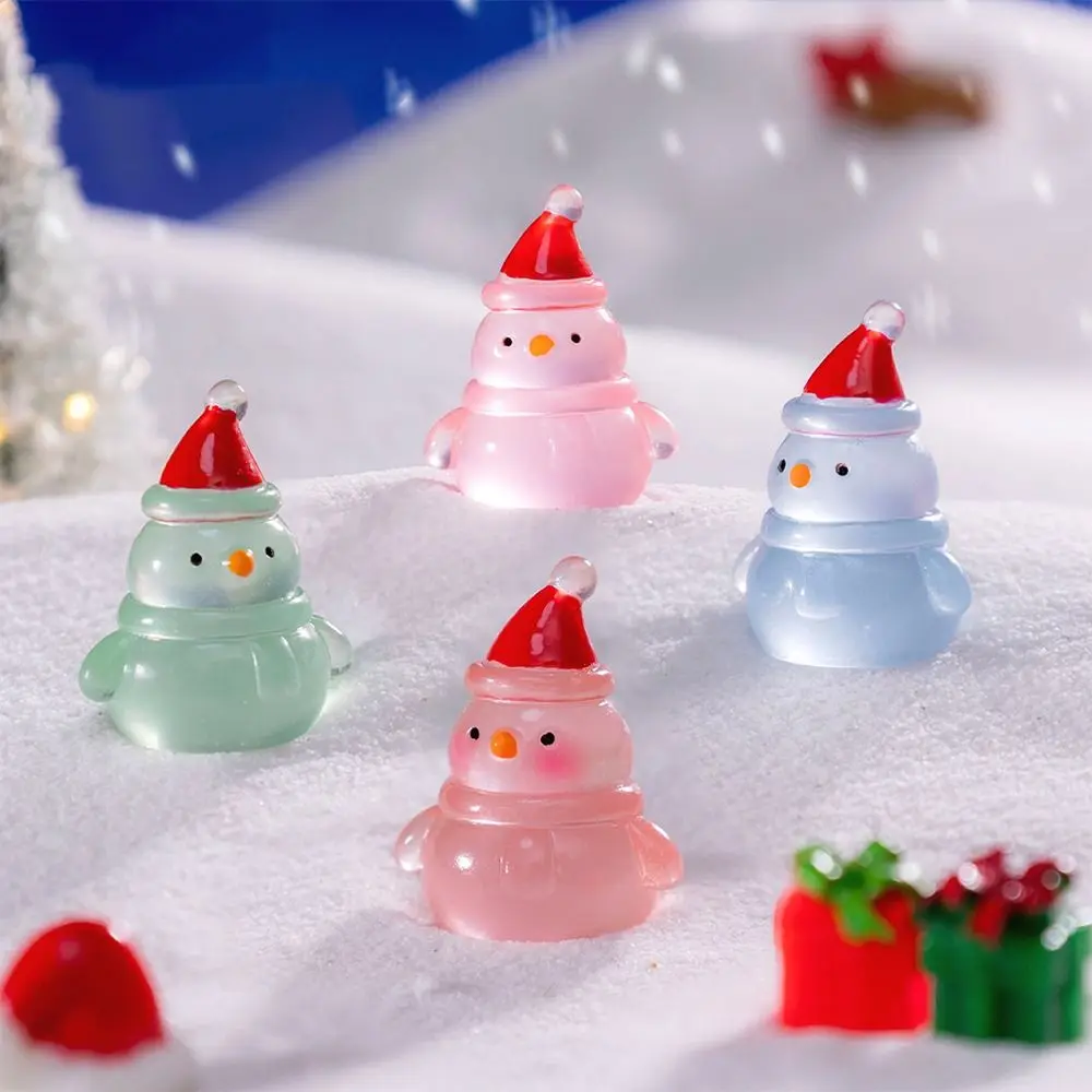 10pcs Cute Mini Luminous Snowman Figurines Glowing in Dark Cartoon Christmas Snowman Statue Resin Crafts
