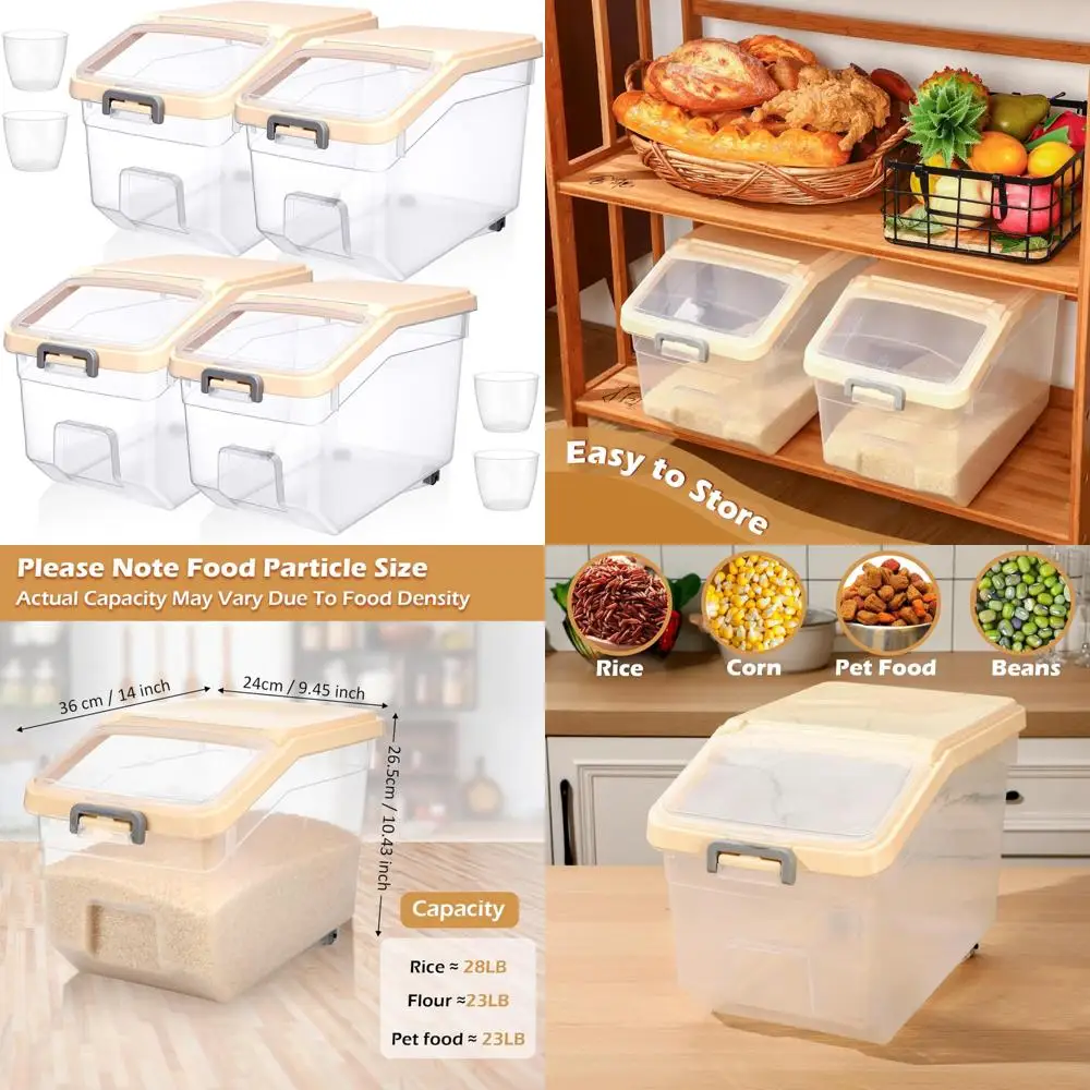 Contenedores herméticos para almacenamiento de arroz y harina con ruedas y tazas medidoras, amarillo crema, aptos para mascotas y perros
