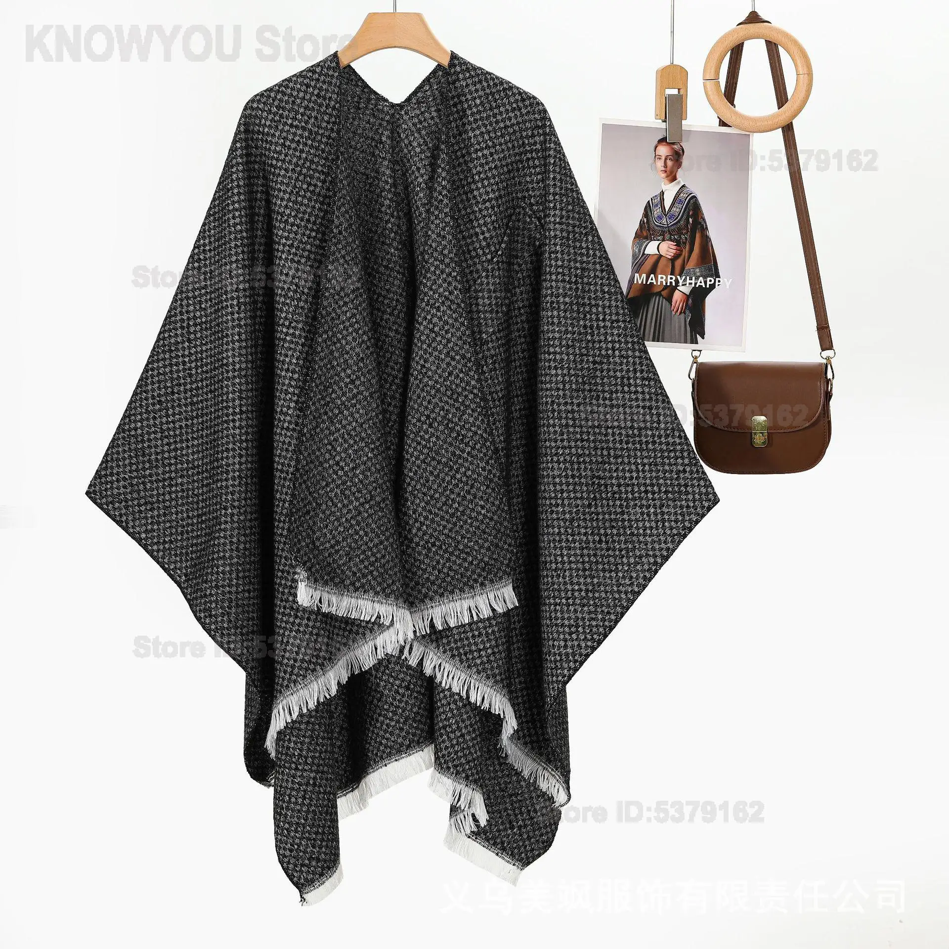 Women Maillard Tone Shawl Tassel Split Cloak Warm Outer Cape for Grassland Western Sichuan Travel Photography Stylish Daily Wrap