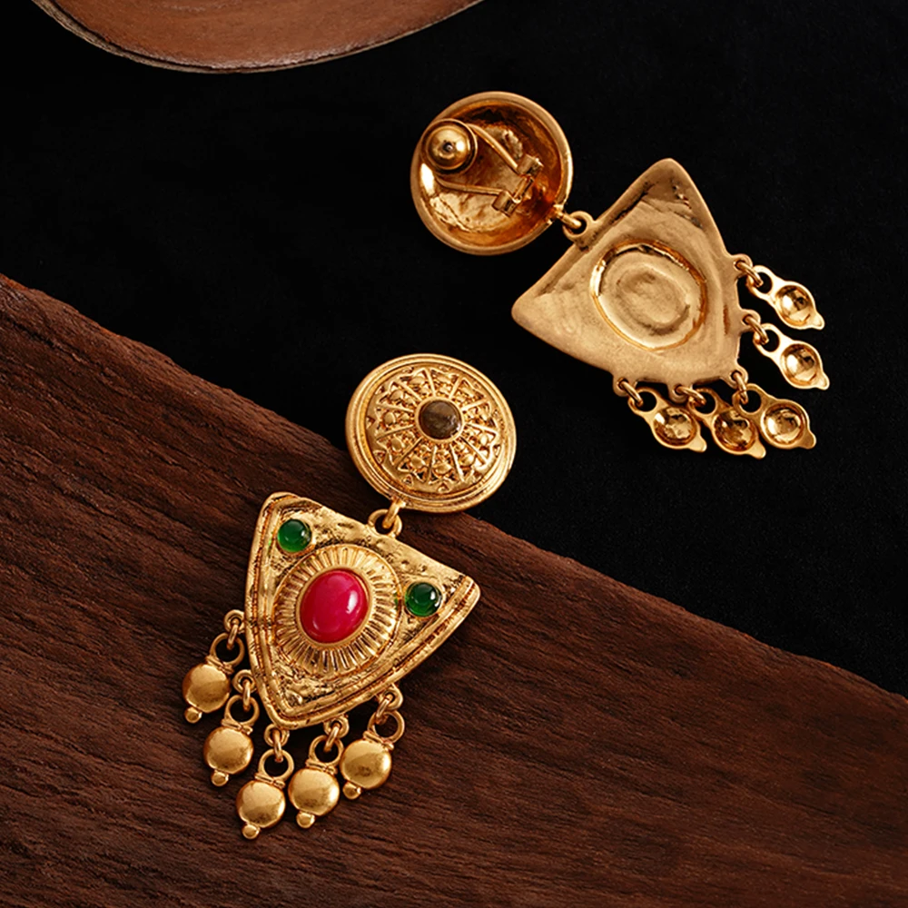 Medieval Retro Red Stone Tassels Gold-plated Earring Classic Vintage Fashion Moroccan Jewelry For Women