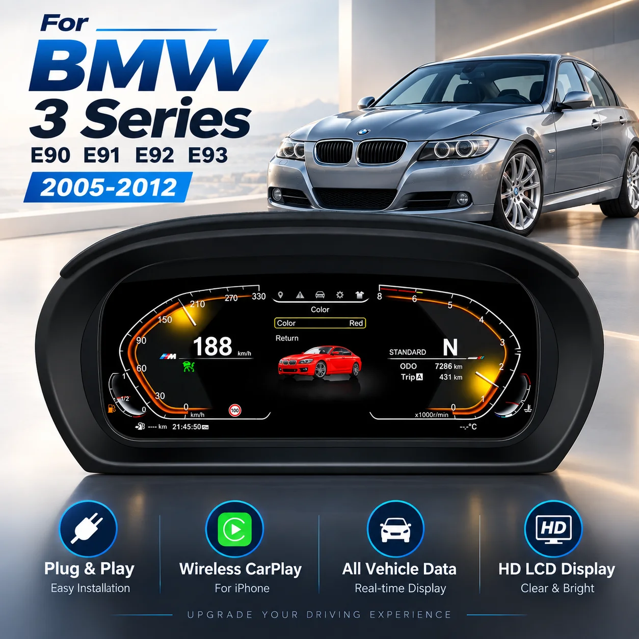 12.3" Digital Cluster For BMW 3 Series E90 E91 E92 E93 2005-2012 LCD Dashboard Instrument CarPlay Android Auto Cockpit Display