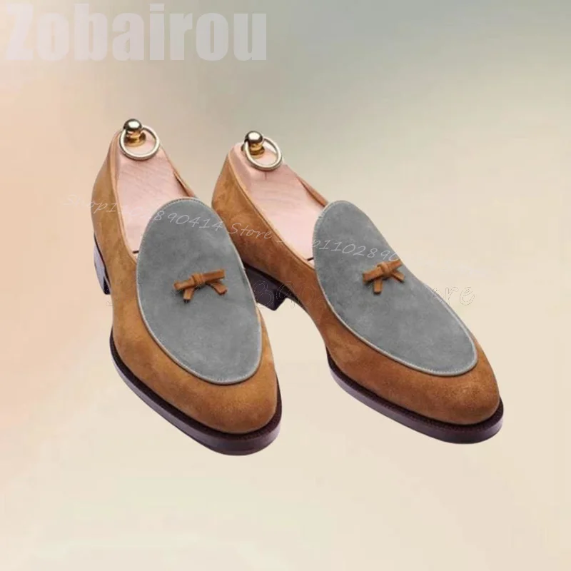 

Brown Gray Bow Knot Decor Patchwork Penny Loafers Fashion Slip On Men Shoes Luxury Handmade Party Feast Banquet Men Casual Shoes