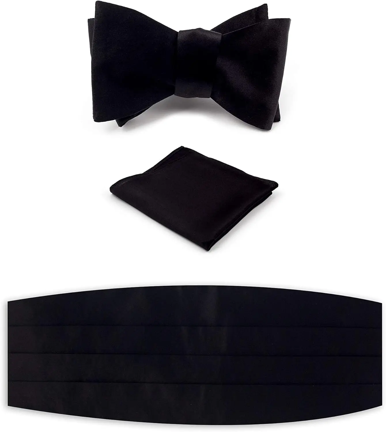 

Men's 100% Silk Cummerbund Bow Tie Handkerchief Set - Black Tuxedo Accessories