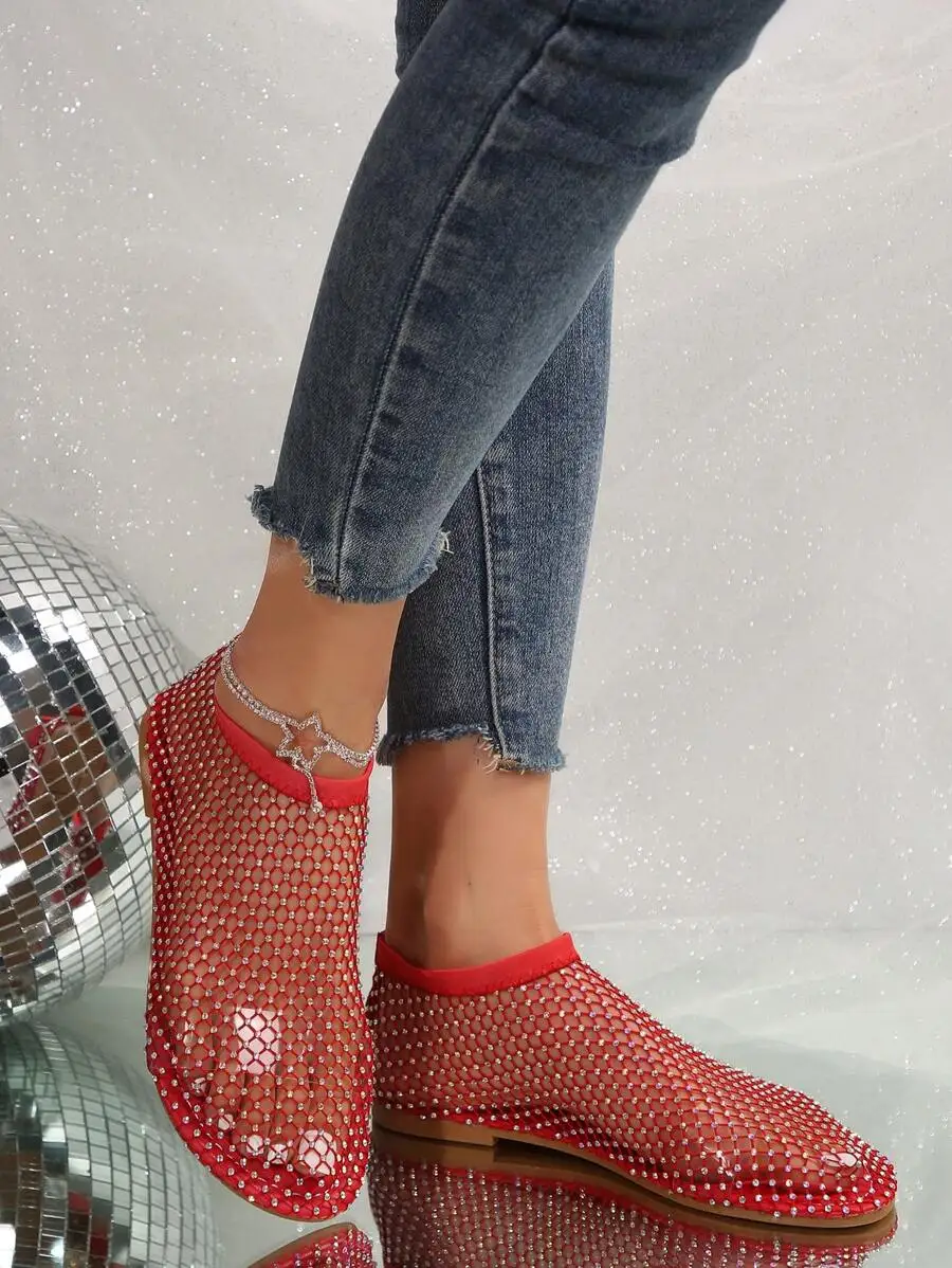 

Womens Rhinestone Mesh Slip-On Flat Sandals For Party Casual Wear