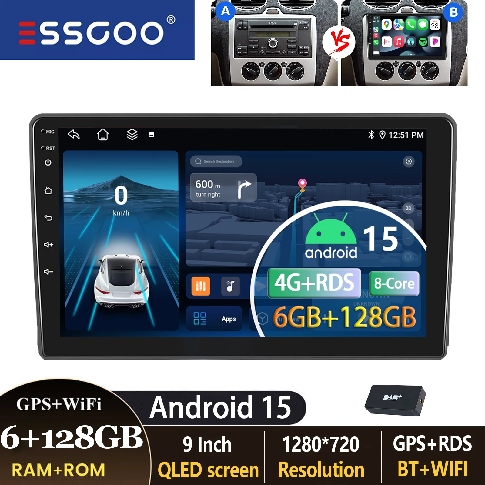 ESSGOO 9 inch autoradio voor Ford Focus MK2 Transit MK7 C-Max S-Max Kuga Galaxy Connect met Carplay, Android Auto, GPS, BT, FM, RDS en SWC
