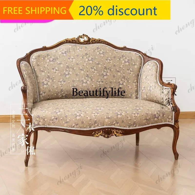 J132 French retro solid wood sofa double engraved light color flower fabric living room furniture