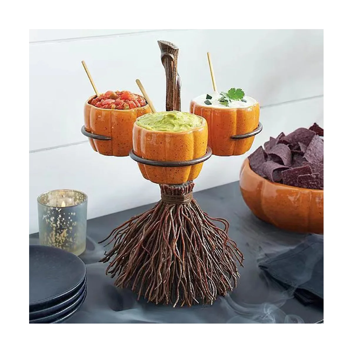 Cute Halloween Resin Pumpkin Bowls on Broom for Serving Fruit Salad Snacks Halloween Party