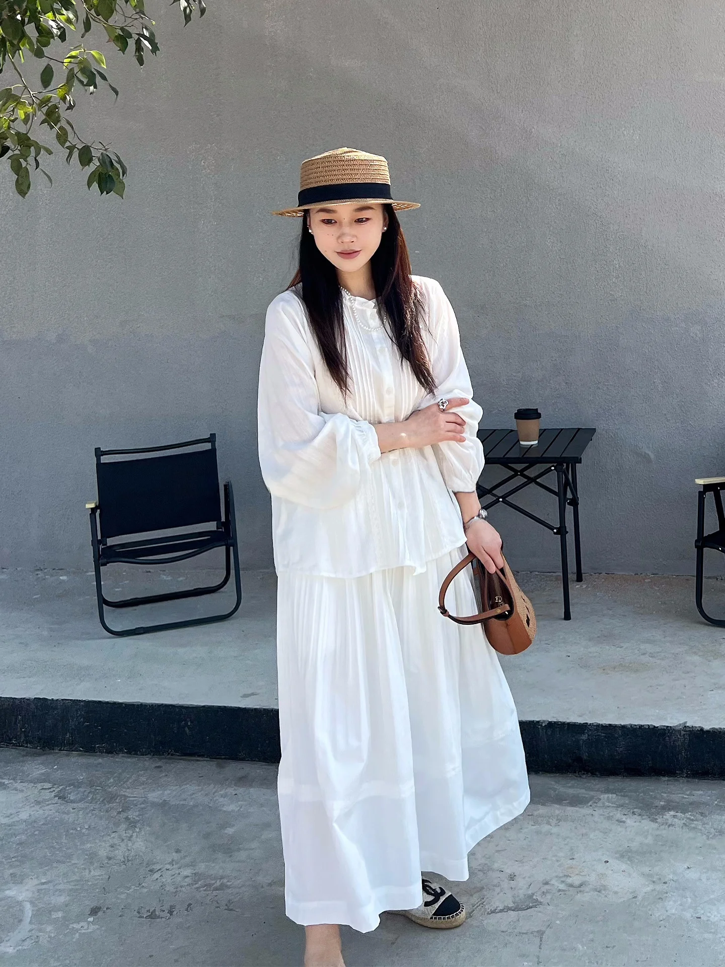 

White Long Sve irt Women's Spring Design Gentle Splicing Cotton Blend Breathable Loose Fit French Sle d Musoom P...