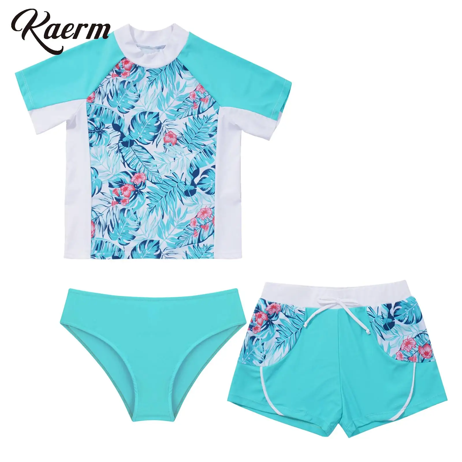 3 Pcs Athletic Swimsuit for Girls Floral Short Sleeve Swim Shirts with Brief Shorts Beach Surfing Rash Guard Sets Bathing Suit