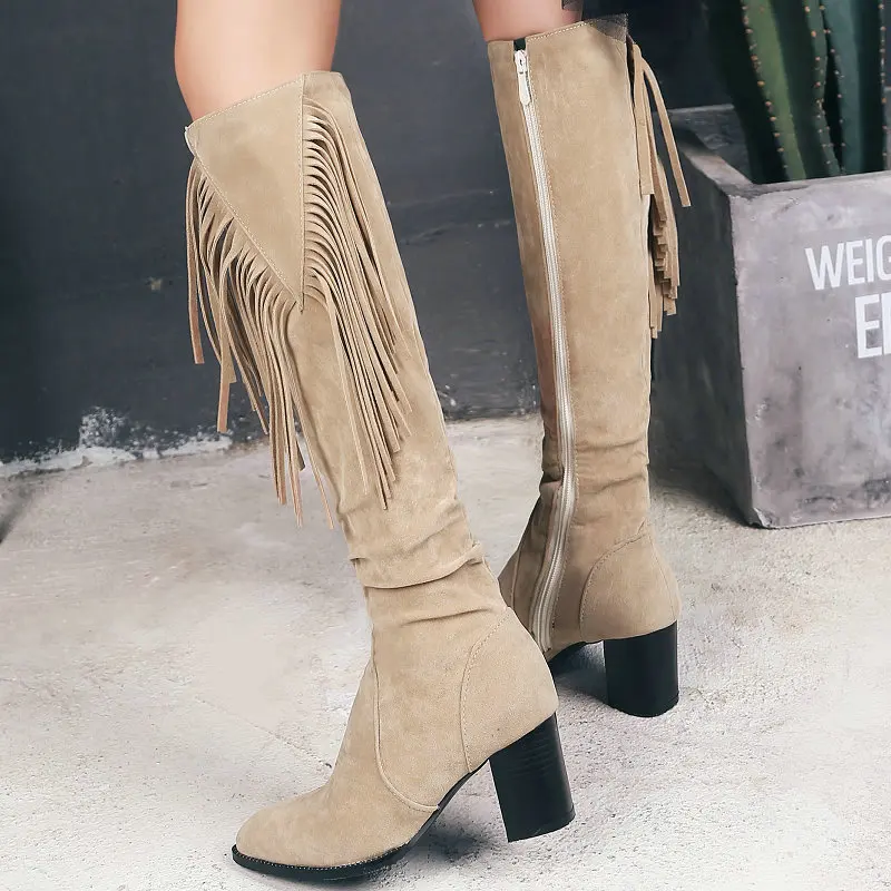 Faux Suede Army Green Olive Beige Western Shoes Round Toe Block High Heels Women Knee High Cowboy Boots With Tassel Fringes