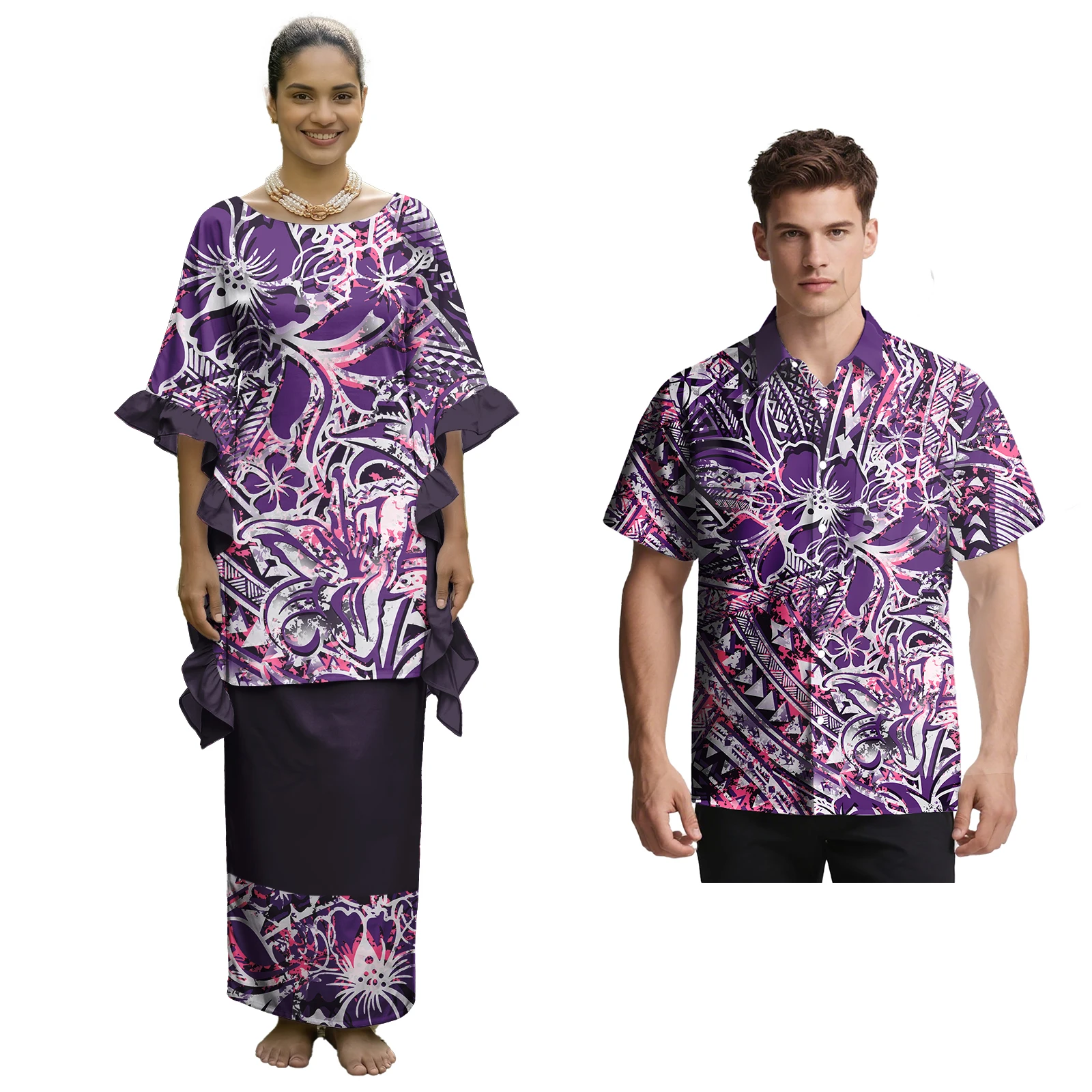 Popular Cozy Hawaii Print Men Beach Shirts Polynesian Tribal Design Plus Size Couple of Set Crewneck Samoan Puletasi for Ladies