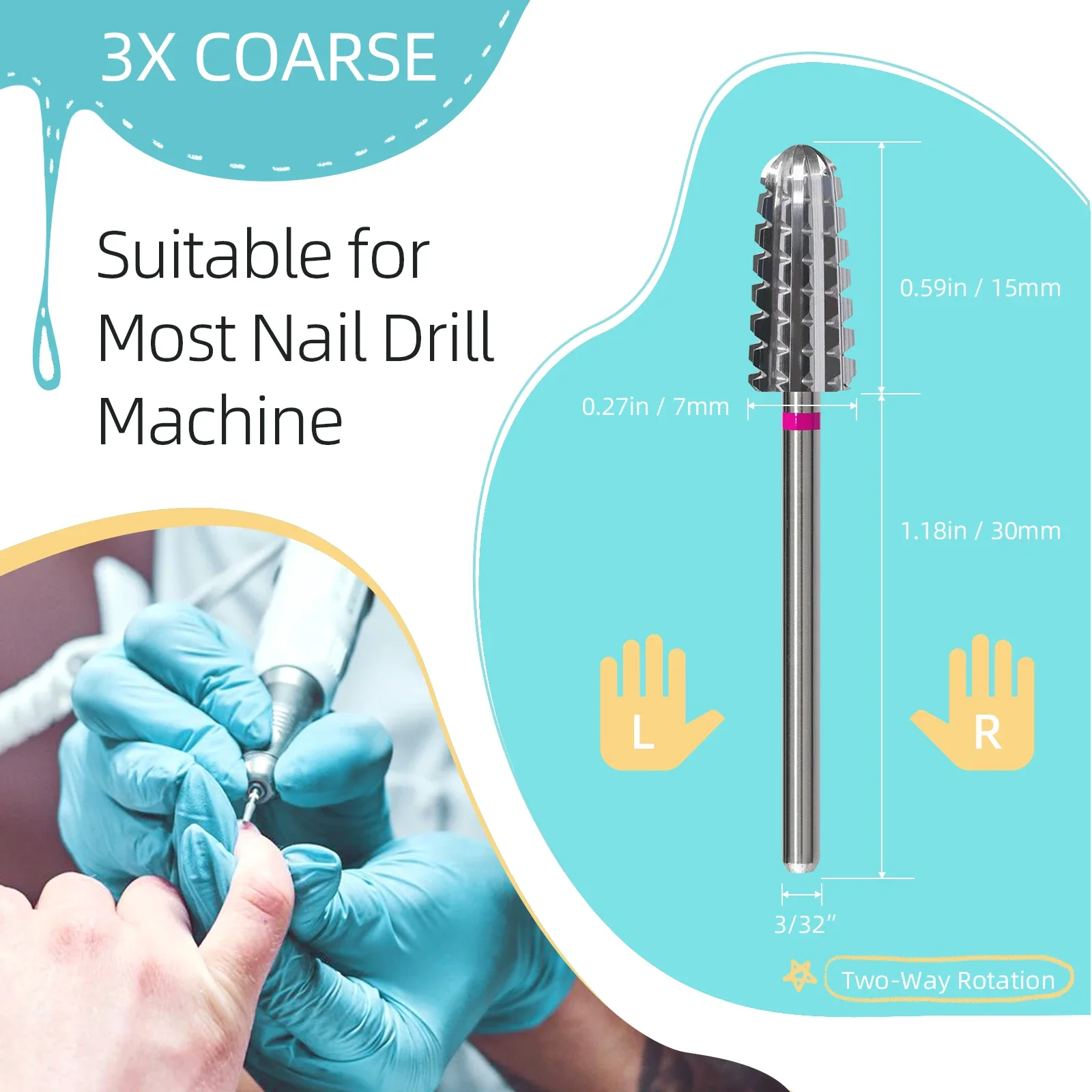 HYTOOS-Forets à ongles en carbure constants ique, foret à ongles conique bidirectionnel professionnel, dissolvant de gel acrylique, outils d'accessoires, N64.3/32