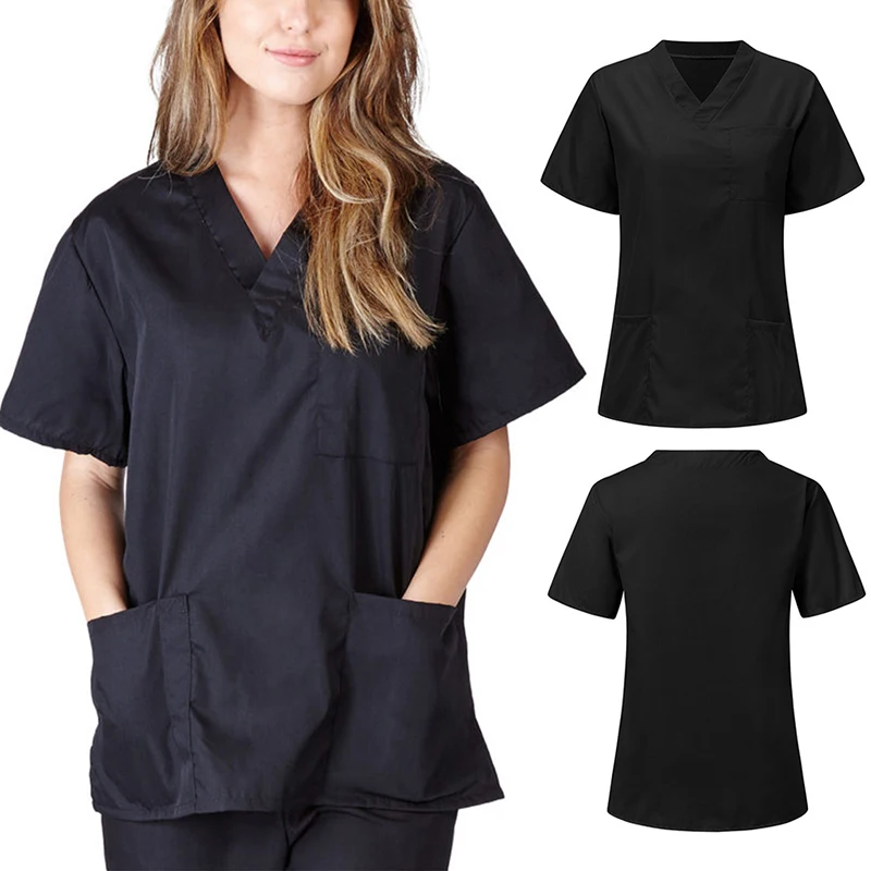 1 stücke Männer Frauen Waschbar Wiederverwendbare Bluse Pflege Uniform V-ausschnitt Peeling Tops Mit Tasche Kurzarm Krankenschwester Zubehör Arbeitskleidung