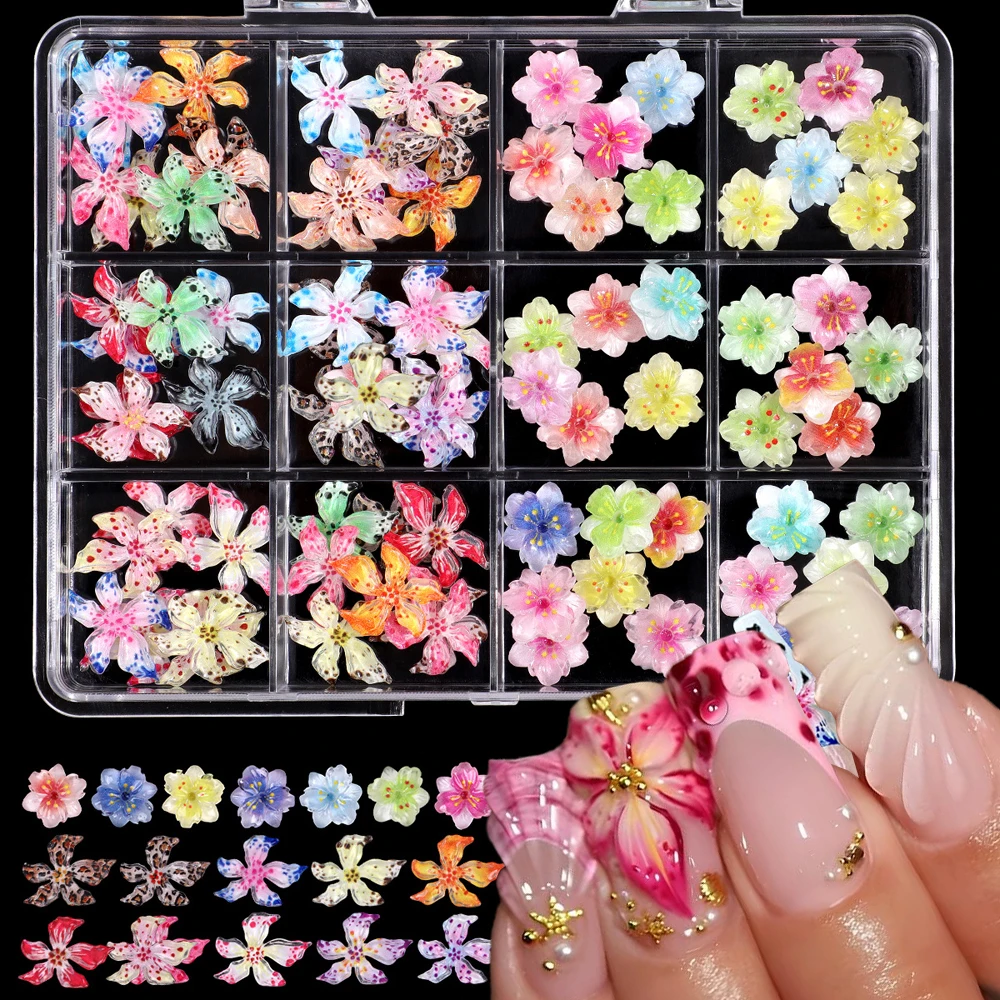

1Box 72pcs Crystal Cherry Blossoms Lily Flower Nail Rhinestones 3D Resin Mixed Soft Sculpture Lily Floral Nail Charms Y2k Decora