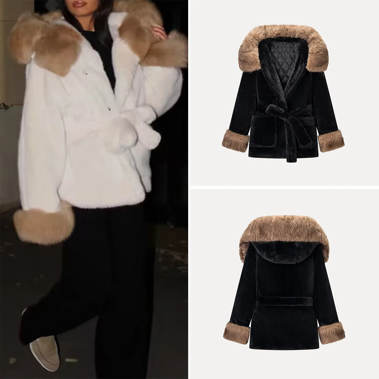 

Новинка зимы 2029, женское модное длинное пальто с капюшоном, двухцветное меховое пальто, универсальный дизайн, женское пальто Z