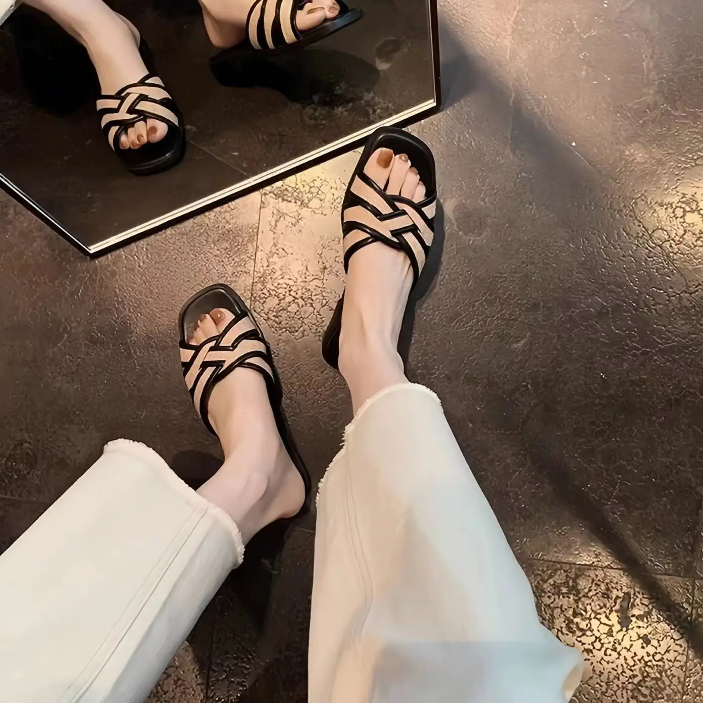 Square headed women's summer outerwear flat bottomed retro color patchwork grass woven cross soft sole casual slippers