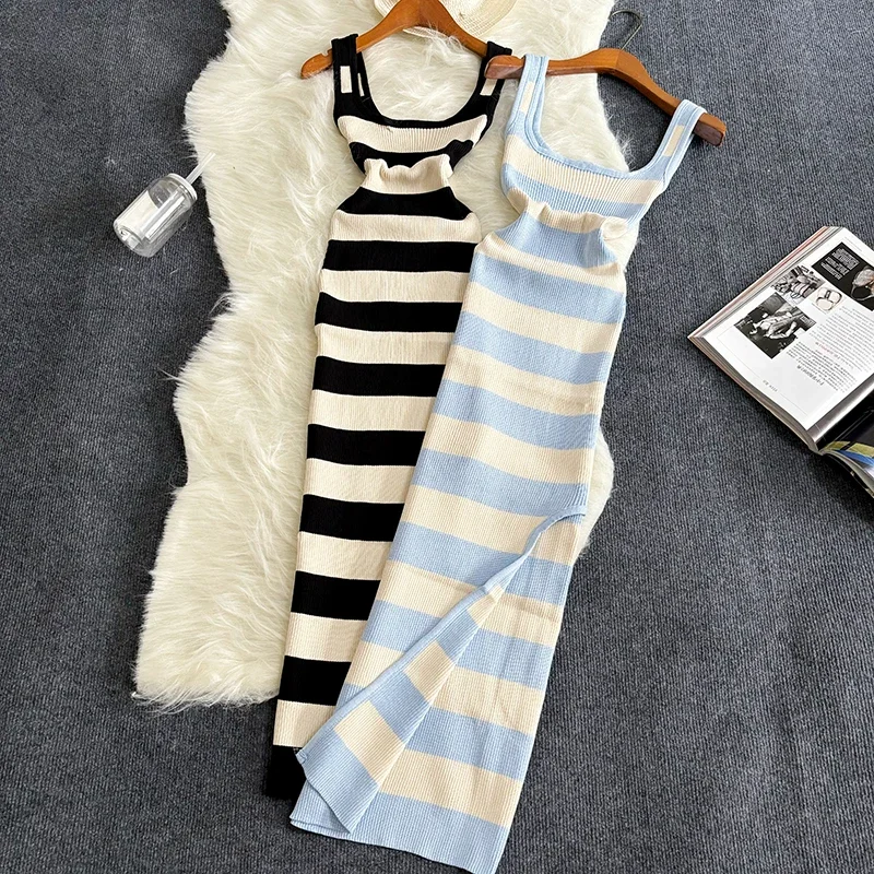 

2024 Stripe Summer Elastic Split Bodycon Dress Sexy Beach Vacation Sundress Women Casual Slim Pencil Vestidos Maxi Long Dress