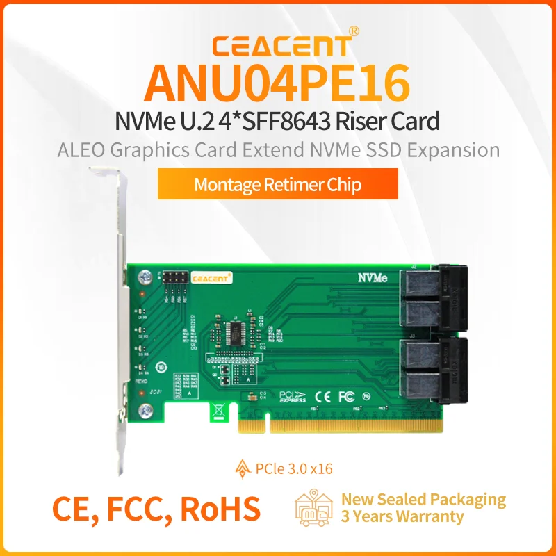 

CEACENT ANU04PE16 PCIe 3.0 X16 NVMe SSD Adapter 4 Port MiniSAS HD SFF-8643 for 4 NVMe U.2 SSD New Retail with 3Yr Warranty