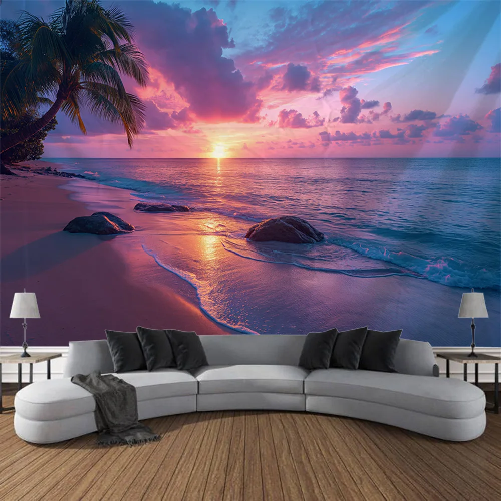 Dreamy Landscape Tapestry Wall Hanging - Sunrise Beach with Coconut Trees Home Living Room Bedroom Wall Decoration Background Cl