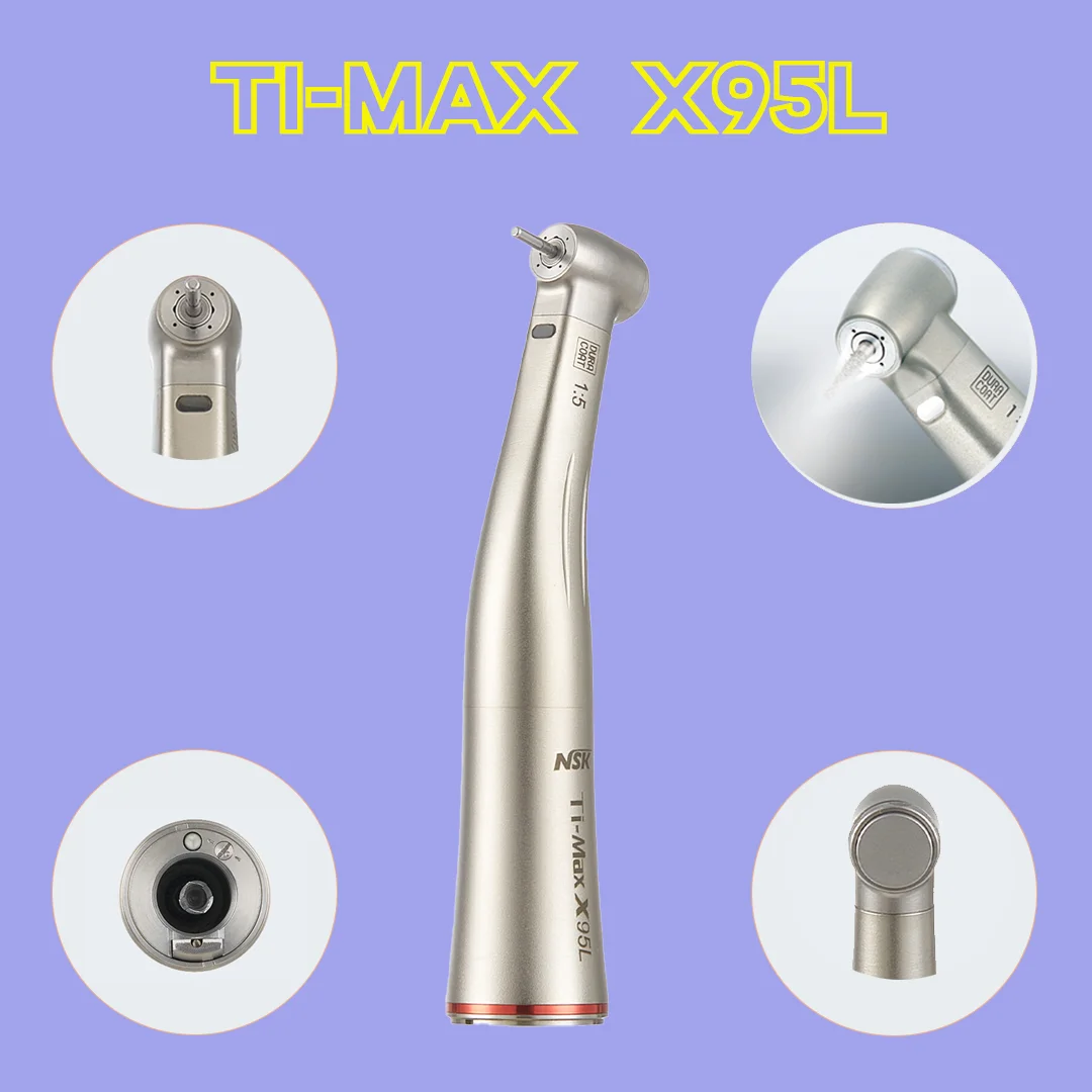 NSK Ti-Max X95L Dentistry Inner Water Push Button Dental Contra Angle Handpiece 1:5 Increase Speed Quattro Spray LED CE E-tape