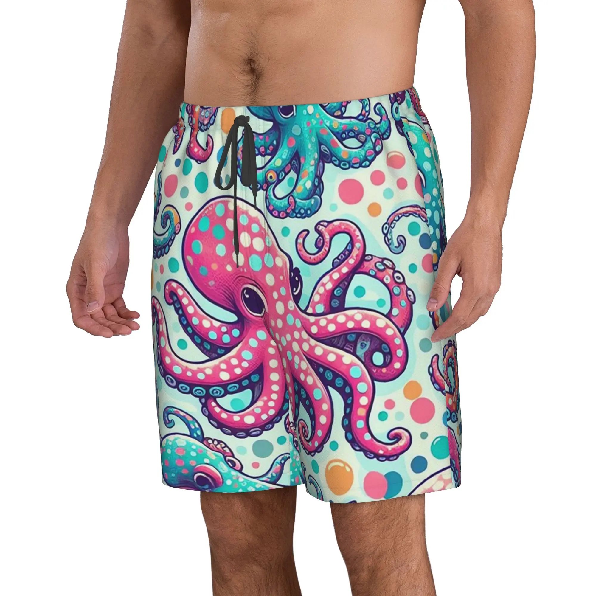 Vibrant Colorful Full-Body Octopus Pattern Trunks Beach Board Shorts Casual Quick Dry Swim Summer Men Pants