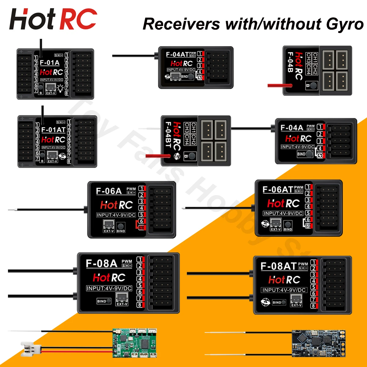 HOTRC 2.4Ghz Receivers F-04A F-06AT with/Without Gyro Light Control for CT-4A CT-6A CT-8A HT-8A DS600 Transmitter Remote Control