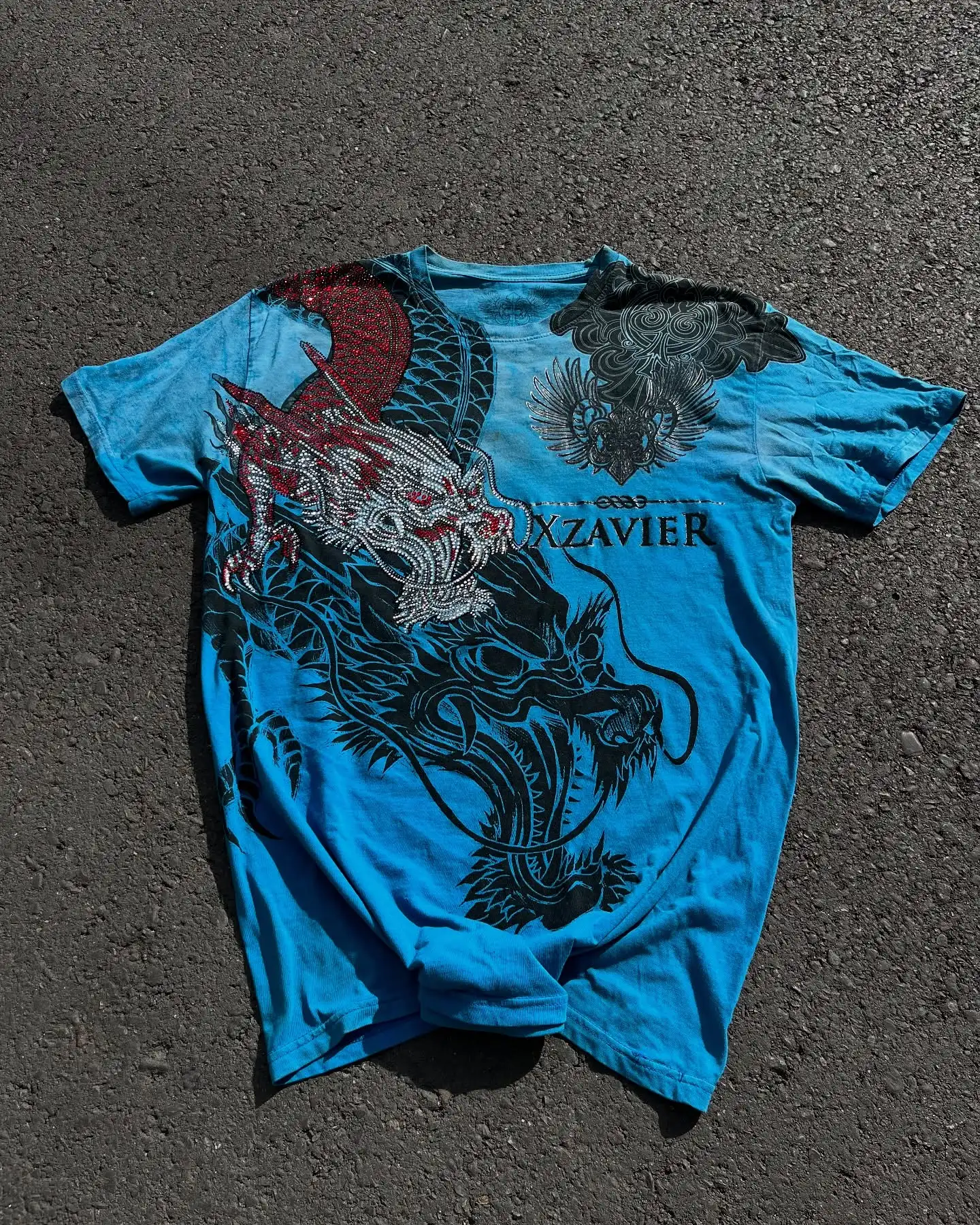 Xzavier Oriental Dragon Print T-Shirt Gothic Blue Graphic Streetwear Tee for Men Women Retro Short Sleeve Casual Top Unisex