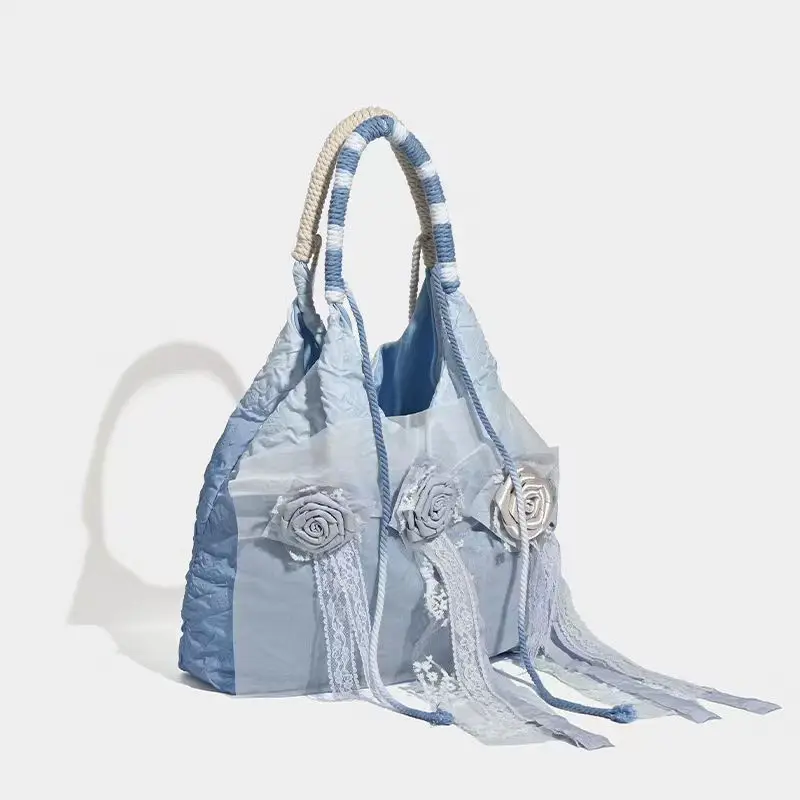 Miyagawa Vintage Silk Tie Dye Rose Blue Pleated Shoulder Underarm Bag Fashion Ribbon Lace Women's Handbag