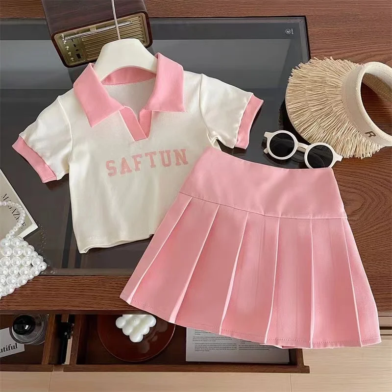 Girls Suits Summer Short Sleeve Polo Shirt+Pleated Skirt Fashion Korean Kids Casual Clothing Two Piece Sets Toddler Girl Clothes