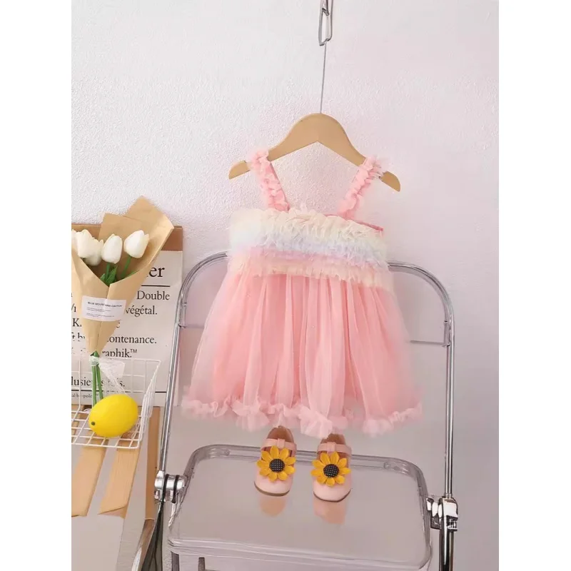 Girls' Summer Dress2024New Western Style Children's Princess Dress Baby Dress for One Year Old Strap Rainbow Gauze Dress