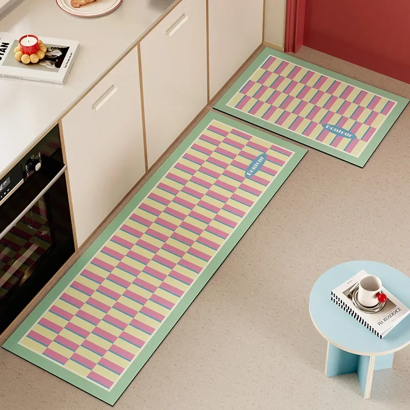 

Kitchen Pvc Carpet Waterproof Non-slip Floor Mat Leather Oil-proof Foot Mat Candy Color Plaid Home Decoration Rug Long Carpets