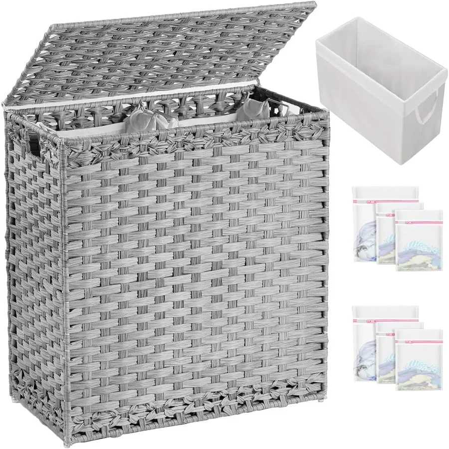 

112 L Wicker Laundry Hamper with Lid and Handles for Bathroom or Bedroom Handwoven Rattan Clothes Basket with 3 Removable Liner