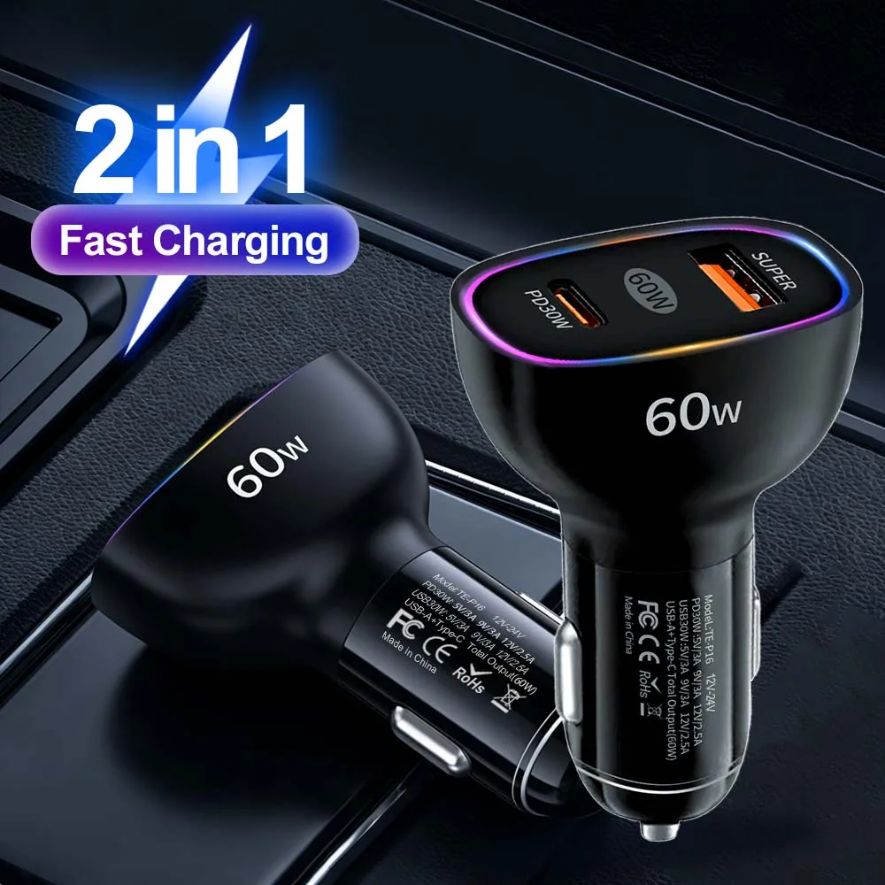 Black 60W Car Charger Dual PD30W+PD30W QC3.0 3A Super Fast Charging Cigarette Lighter Power Adapter Universal Car Phone Charger