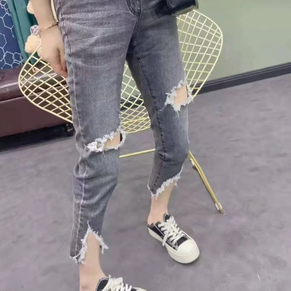 

Женские джинсы с высокой талией и девятью зубцами, весна-лето, прямые брюки с отверстиями, корейская версия, утягивающие повседневные брюки красного цвета