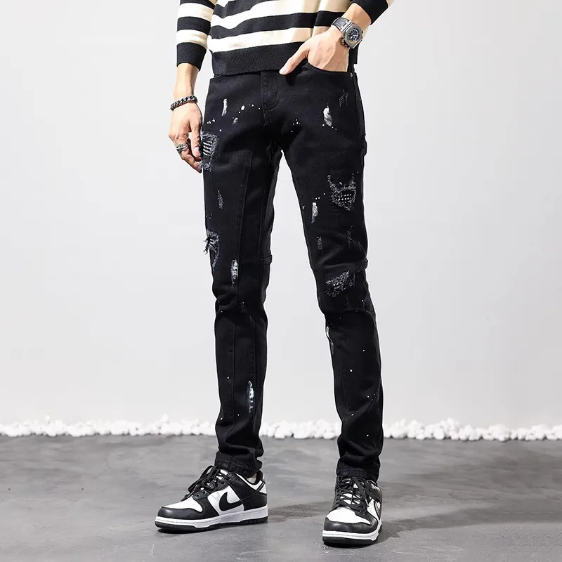High Street Fashion Men Jeans Black Elastic Stretch Slim Fit Painted Ripped Jeans Beading Patched Designer Hip Hop Pants Hombre