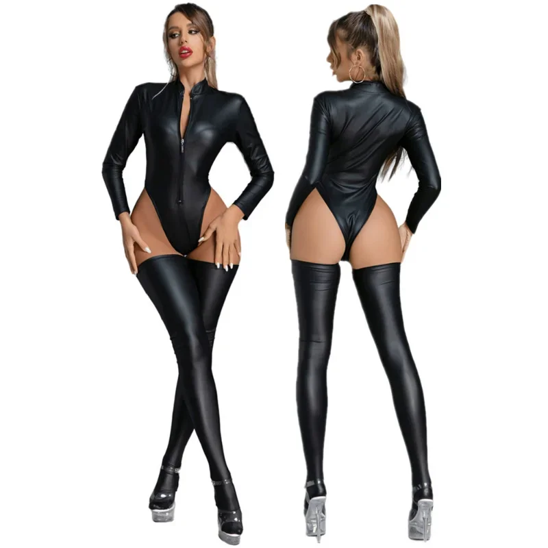 Preto wetlook pvc látex bodysuit couro falso catsuit + meia sexy lingerie catsuit senhora alta corte macacão clubwear