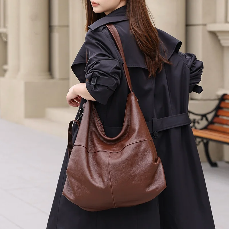 Vintage Large Capacity Tote Bag Handbags For Women 2024 Trend Soft Genuine Leather Underarm Shoulder Bag Shopper Crossbody Bags