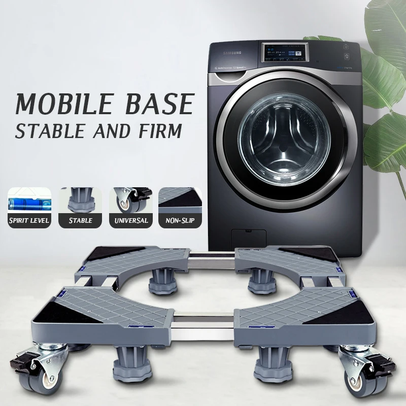 Movable Refrigerator Floor Trolley Fridge Stand Washing Machine Holder 4 Strong Feet Mobile with Brake Double Wheel 500kg