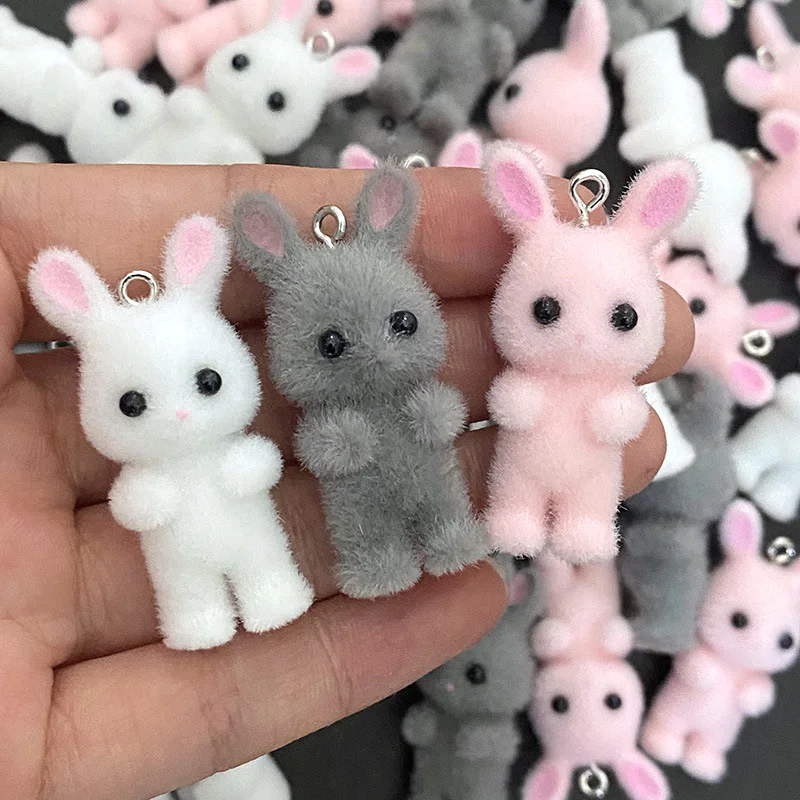 5 teile/los Nette Beflockung Kaninchen Harz Charms Tier Anhänger DIY Telefon Ketten Schlüsselbund Ohrring Zubehör für Schmuck Finden – Detail 2