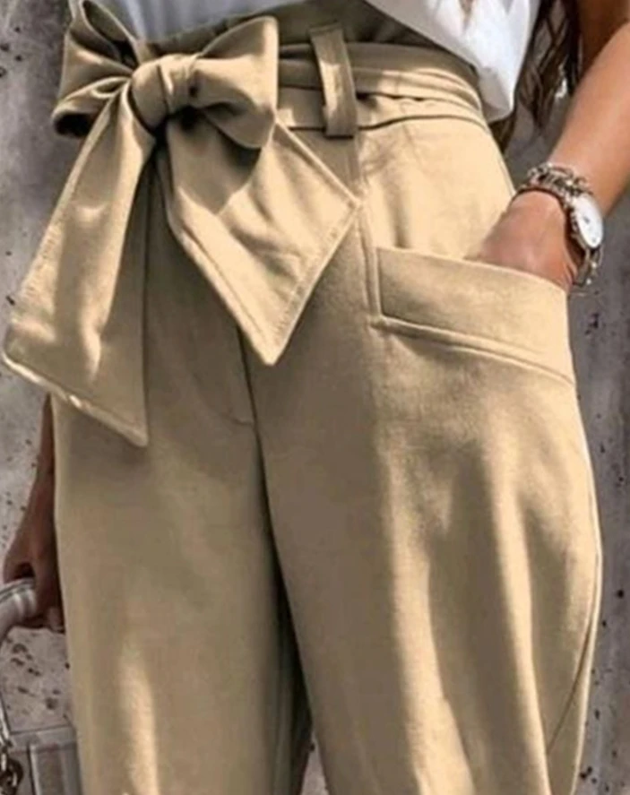 Women's Pants 2024 Spring Fashion Tied Detail Pocket Design Casual High Waist Plain Daily Long Cuffed Pants Y2K Streetwear