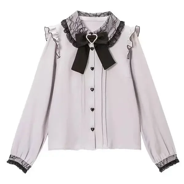 

Women's Japanese Style Rojita Bottoming Shirt 2023 Spring New Sweet Ruffles Long Sleeve Tops Love Heart Blouses Camisa Feminina