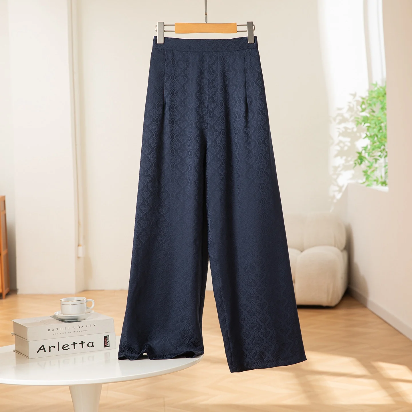 Winsleter-Women 100%Real Silk Elegant Trousers, Elastic Waist Jacquard, Retro Casual Wide Leg Pants, 2025 Autumn New  B5O921CC