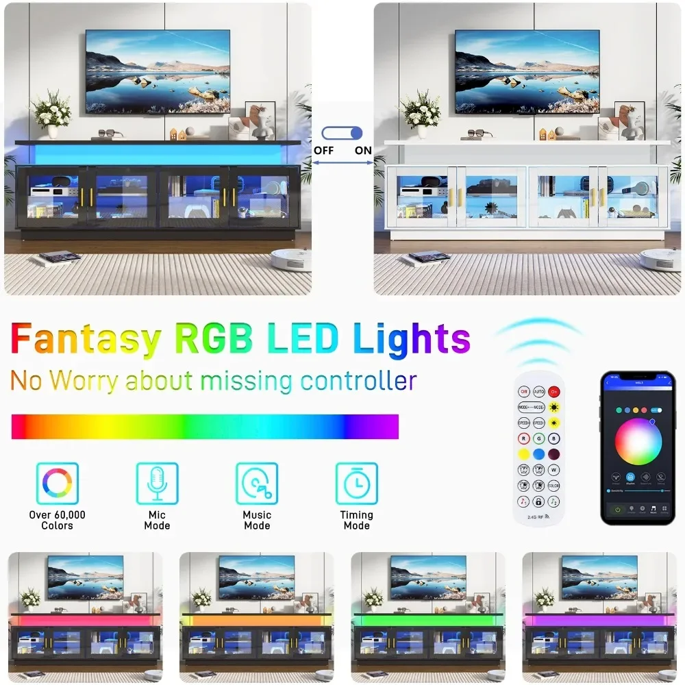 71" LED TV Stand with Power Outlet, Fits 85" TV, Modern High Gloss Gaming Entertainment Center with Glass Door and Storage