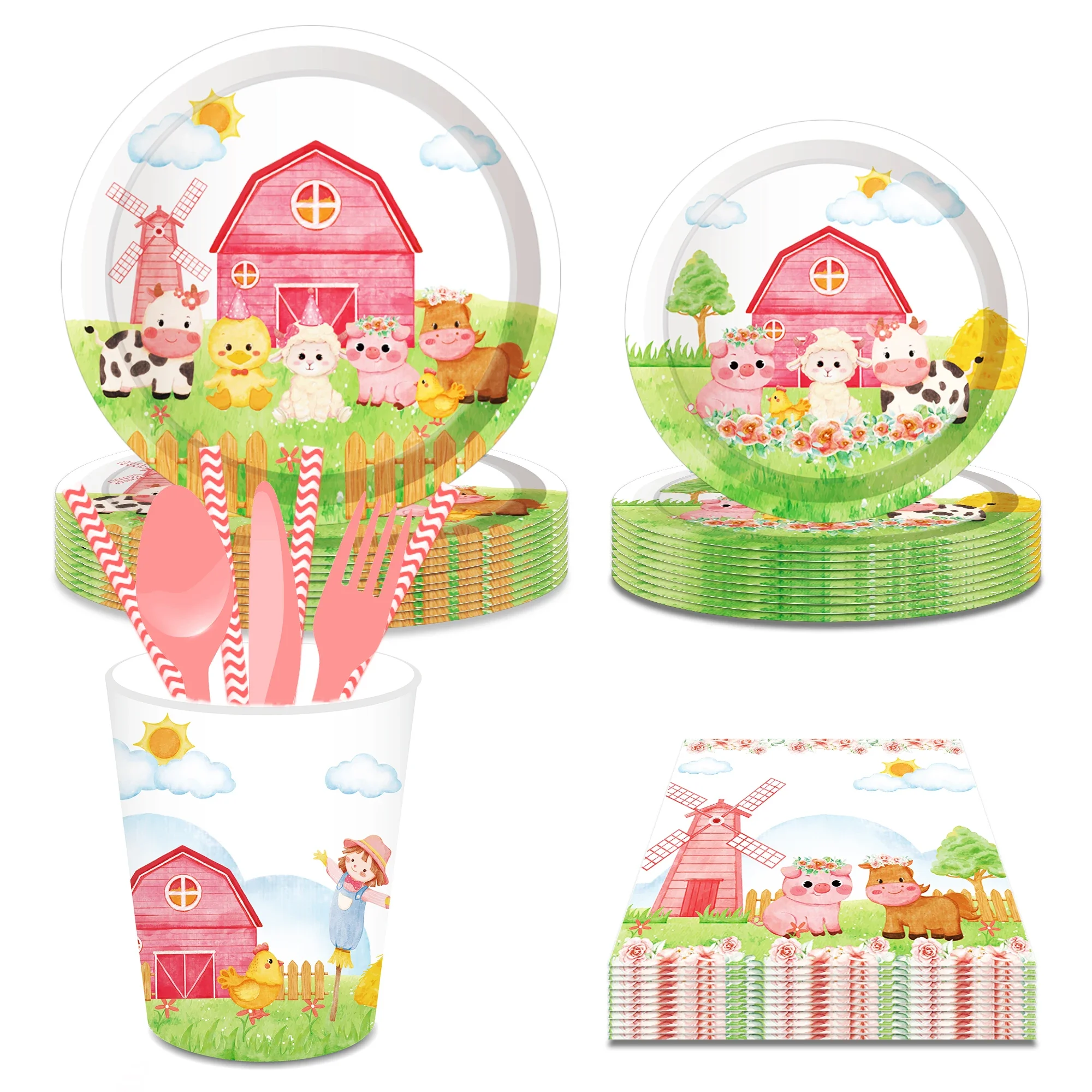 Pink Cartoon Farm Animals Birthday Party Disposable Tableware Sets Dinnerware Cups Plates Napkins Baby Shower Party Supplies